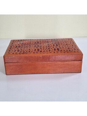 Jewelry Box Orange Pleather Texture Lid Black Velvet Inner Removable Tray Mirror